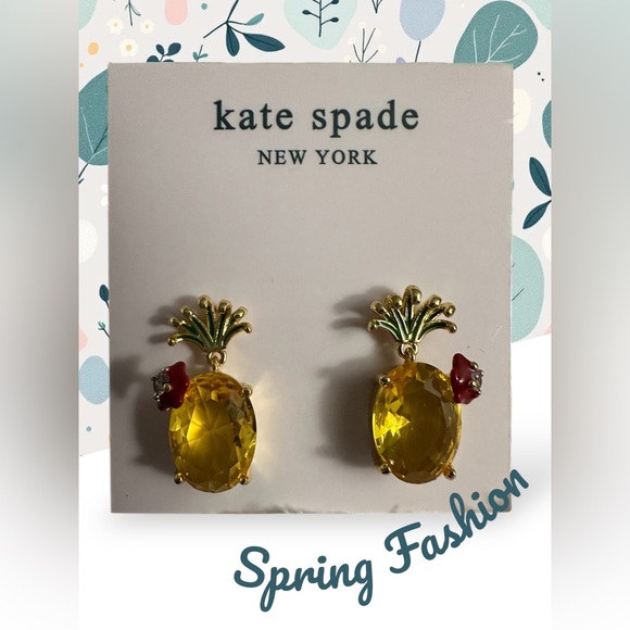 Kate Spade Pave Pineapple Stud Earrings Yellow & Red flower accents